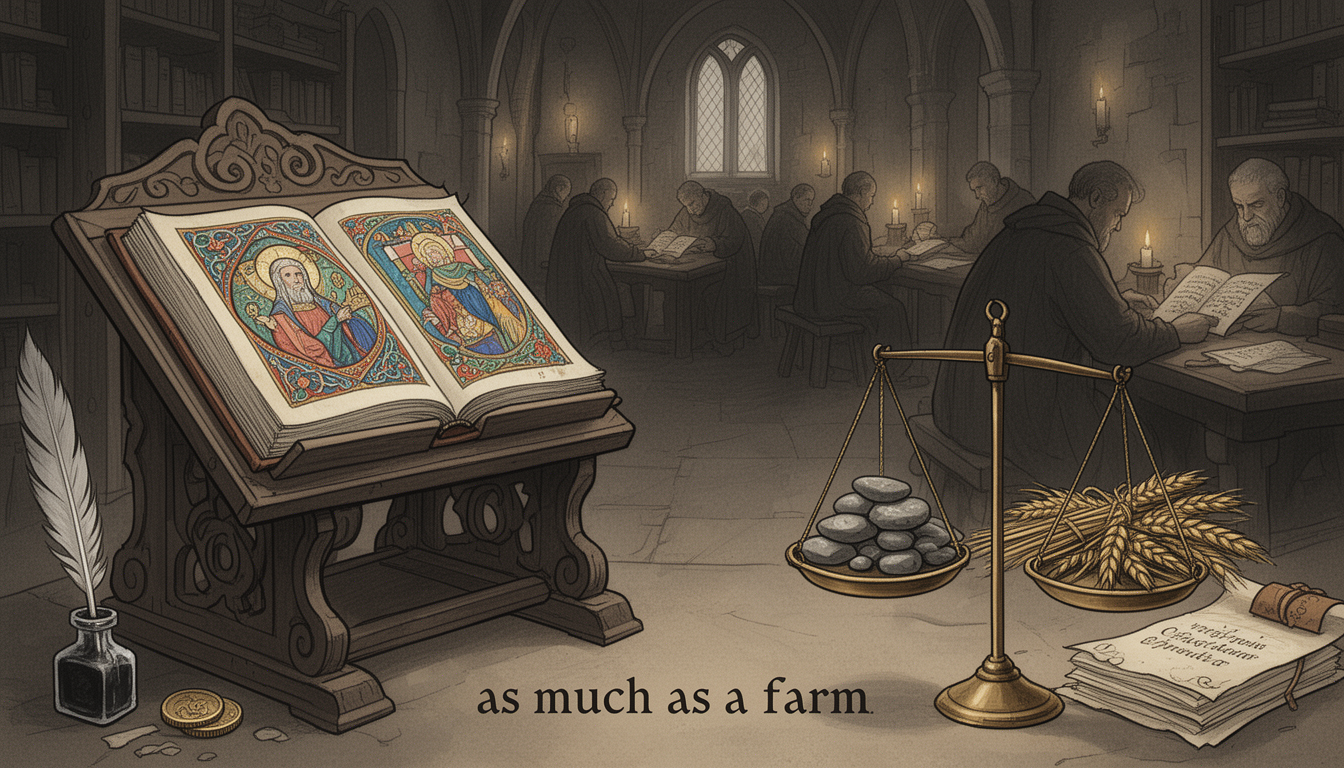 Generated illustration: A medieval scriptorium scene showing a hand-copied book on a balance scale, with coins and wheat bundles illustrating the book’s extreme cost.