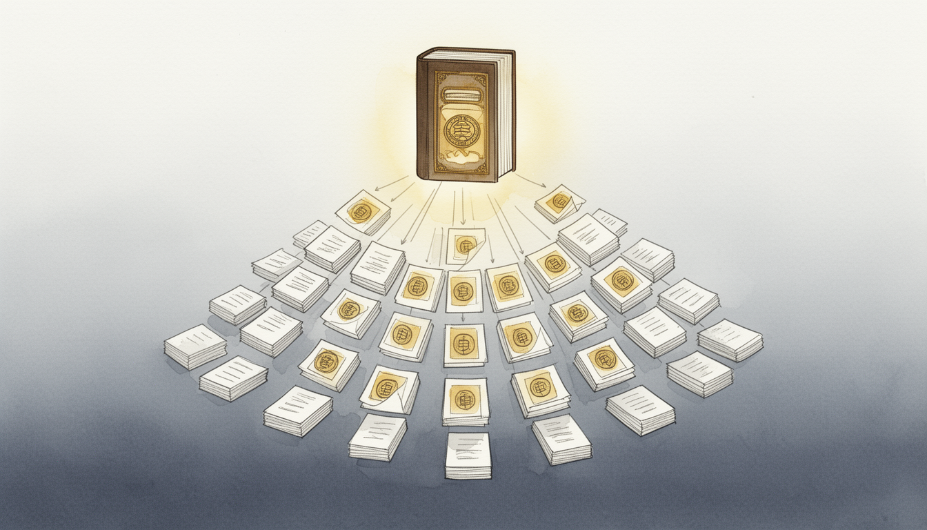 Generated illustration: A central manuscript breaking into many identical printed pages spreading outward in a controlled, repeated cascade.