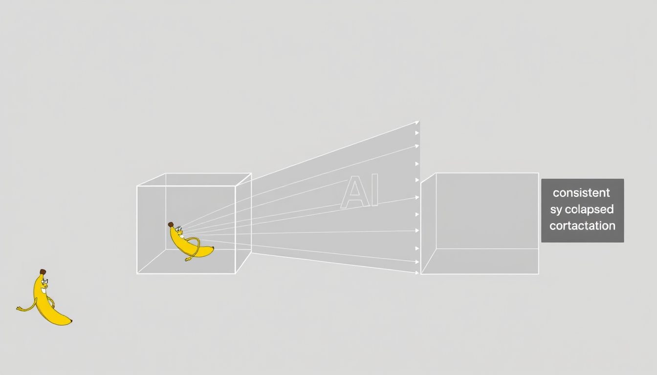 Generated illustration: A diagram showing a pixar style banana character with coherent camera projection rays versus slightly broken AI rays that cause occlusion/perspective inconsistencies.