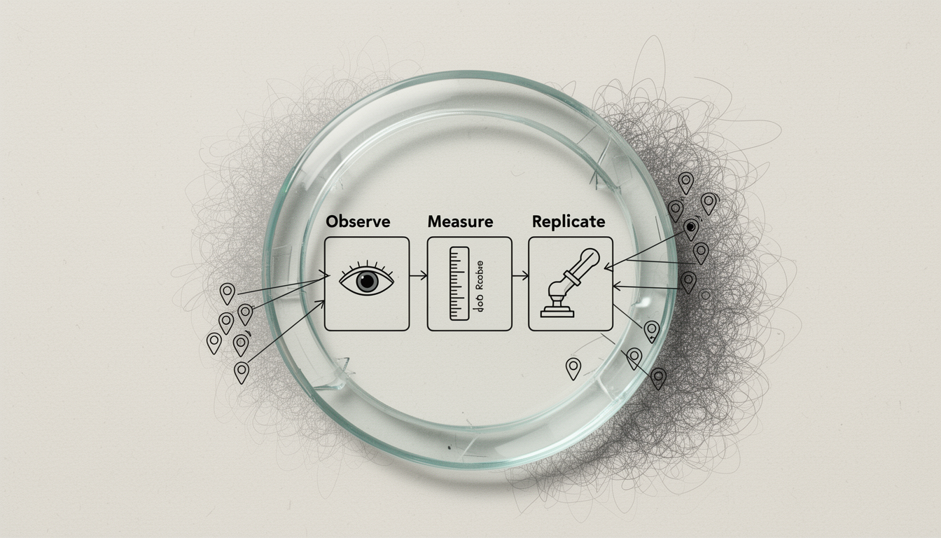 Generated illustration: A circular diagram depicts a repeatable public testing loop with observation, measurement, and replication icons connected by arrows.