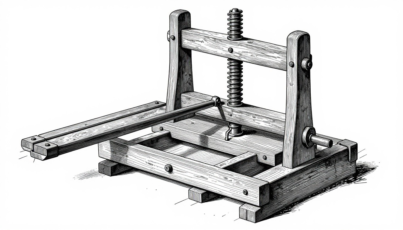 Generated illustration: A technical line drawing of a vintage wooden screw press.