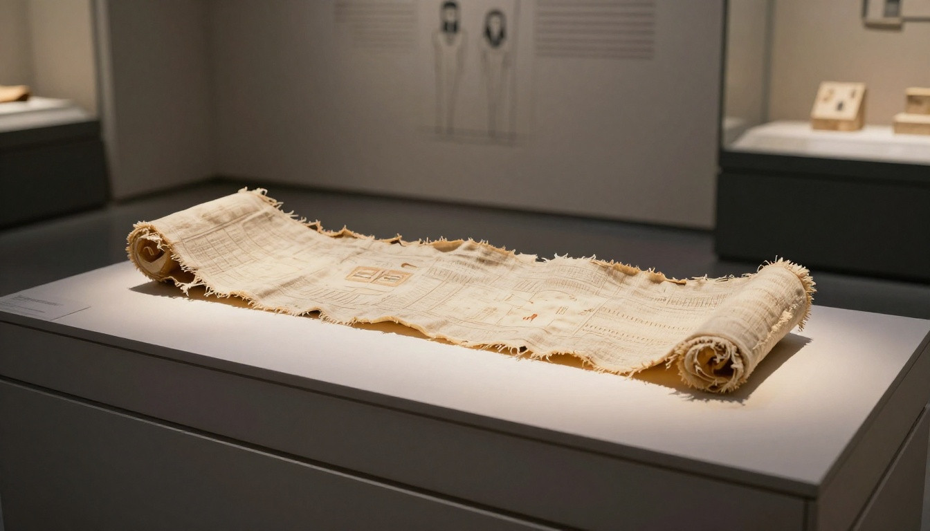 Generated illustration: A single strip of ancient inscribed linen resting on a museum display stand.