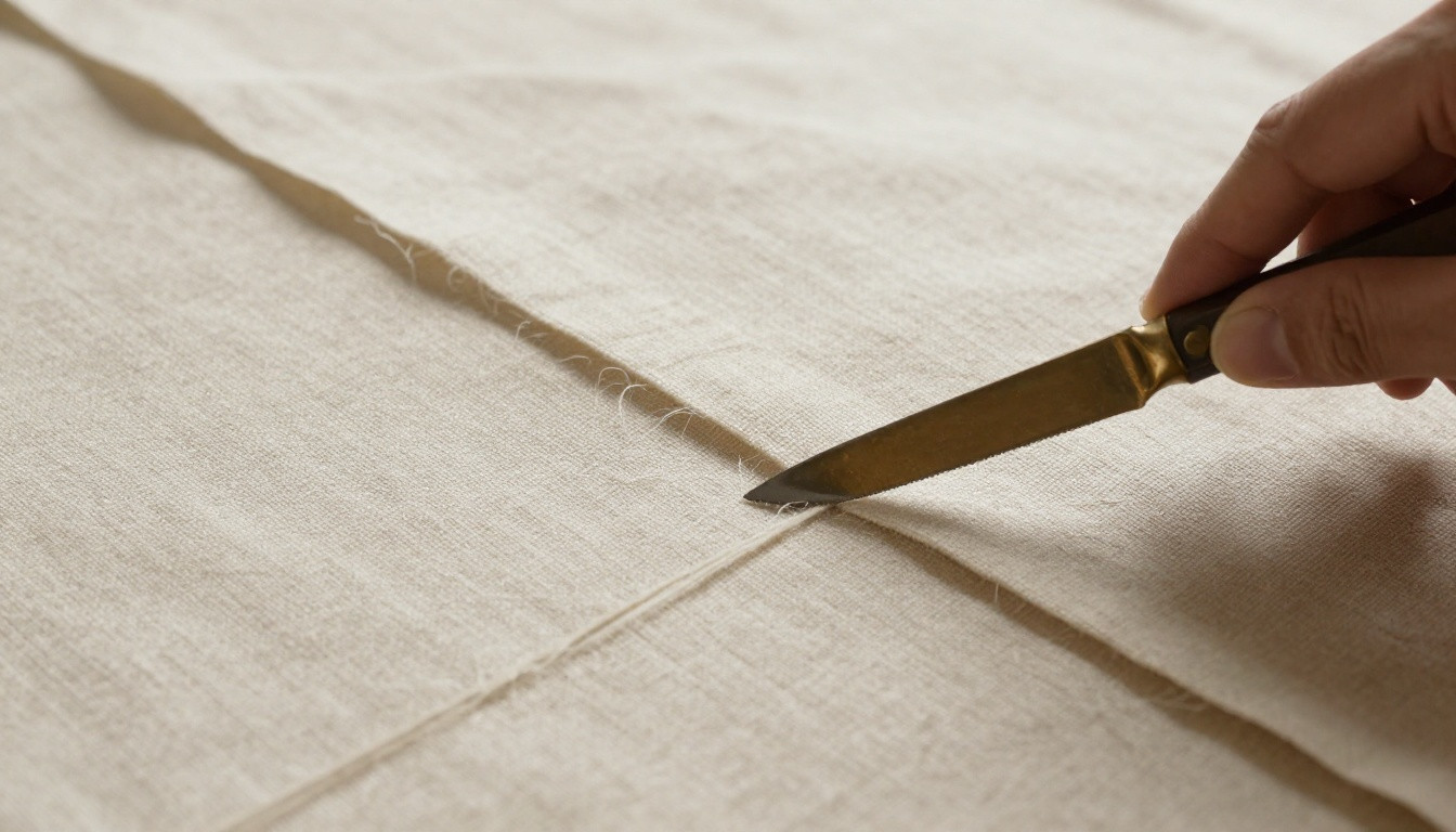 Generated illustration: A close-up illustration of linen fabric being cut into strips with a bronze blade.