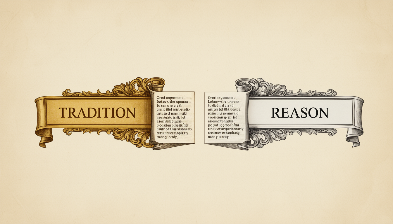 Generated illustration: An illustration of tradition and reason as two contrasting speech banners converging into a shared center, with a repeated printed page motif.