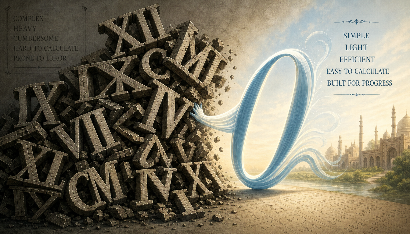 Generated illustration: Heavy, clunky Roman numerals being pushed aside by a sleek, elegant digit zero.