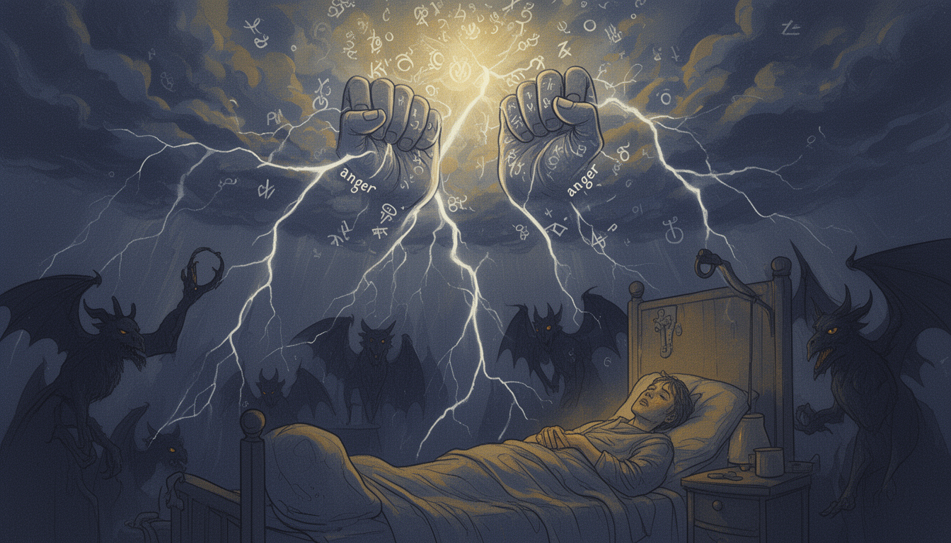 Generated illustration: An illustrated ancient scene shows a storm shaped like anger symbols and a sickroom surrounded by ominous signs.