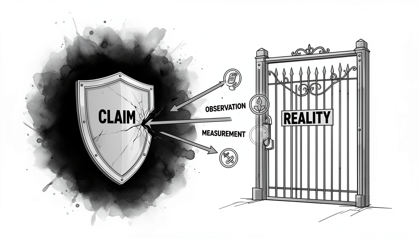 Generated illustration: A diagram-like scene shows a claim shield confronting a reality gate that applies testing icons and can defeat the claim.