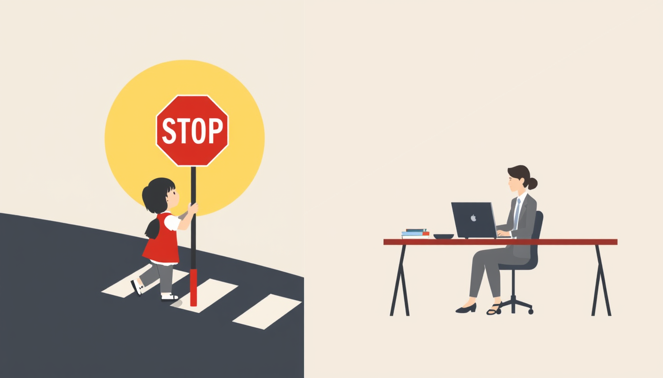 Generated illustration: A childhood safety boundary overlaps with an adult professional hesitating before an open path.