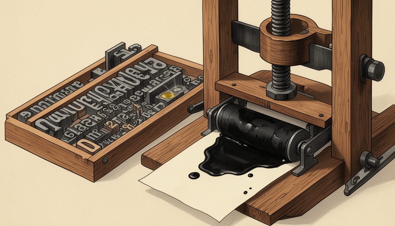 Generated illustration: An editorial close-up showing movable metal type, ink roller, and a wooden screw press preparing paper for printing.